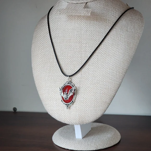 Silver Bat Framed In Red Pendant Necklace - Picture 2 of 7